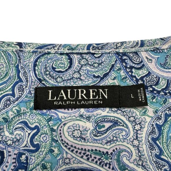 RALPH LAUREN LRL Paisley Pleated Keyhole Flutter Hem Blue Dress Size Large Women - Picture 6 of 9